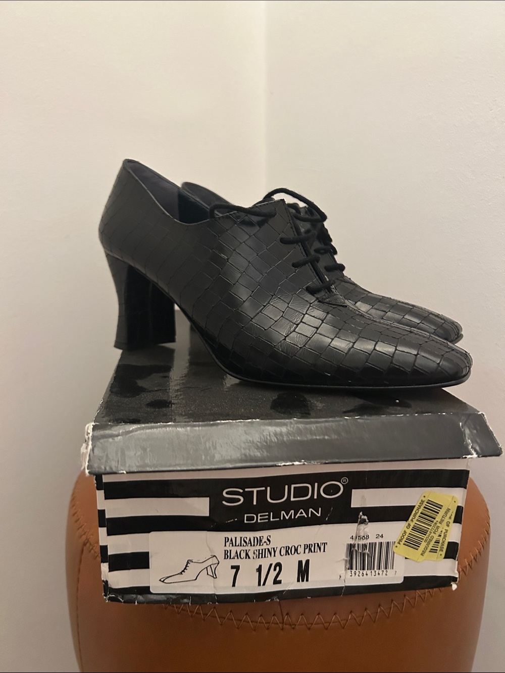 Stuart Weitzman Black Croc-Embossed Lace-Up Block Heels